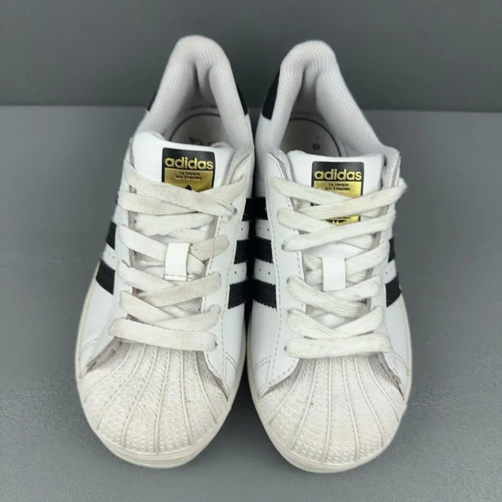 Adidas Kids Size 1 Superstar Shell Toe Sneakers White Black 3 Stripe 789002